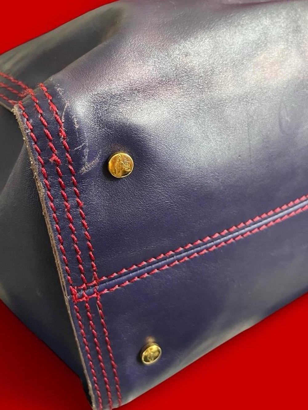 VIVIENNE WESTWOOD • RARE Authentic Vintage GIANT Blue Leather Gold Orb Tote Bag - Picture 6 of 13
